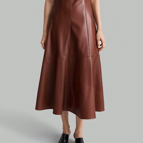 Brown Elegant Women's Round Neck Sleeveless Wide Shoulder PU Dress - Picture 6 of 9